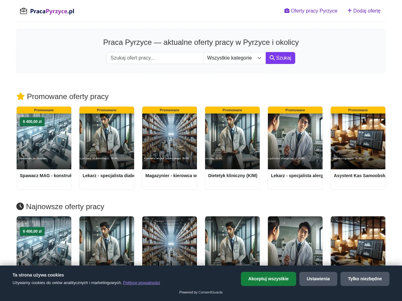 Praca Pyrzyce job board platform screenshot showing job search interface