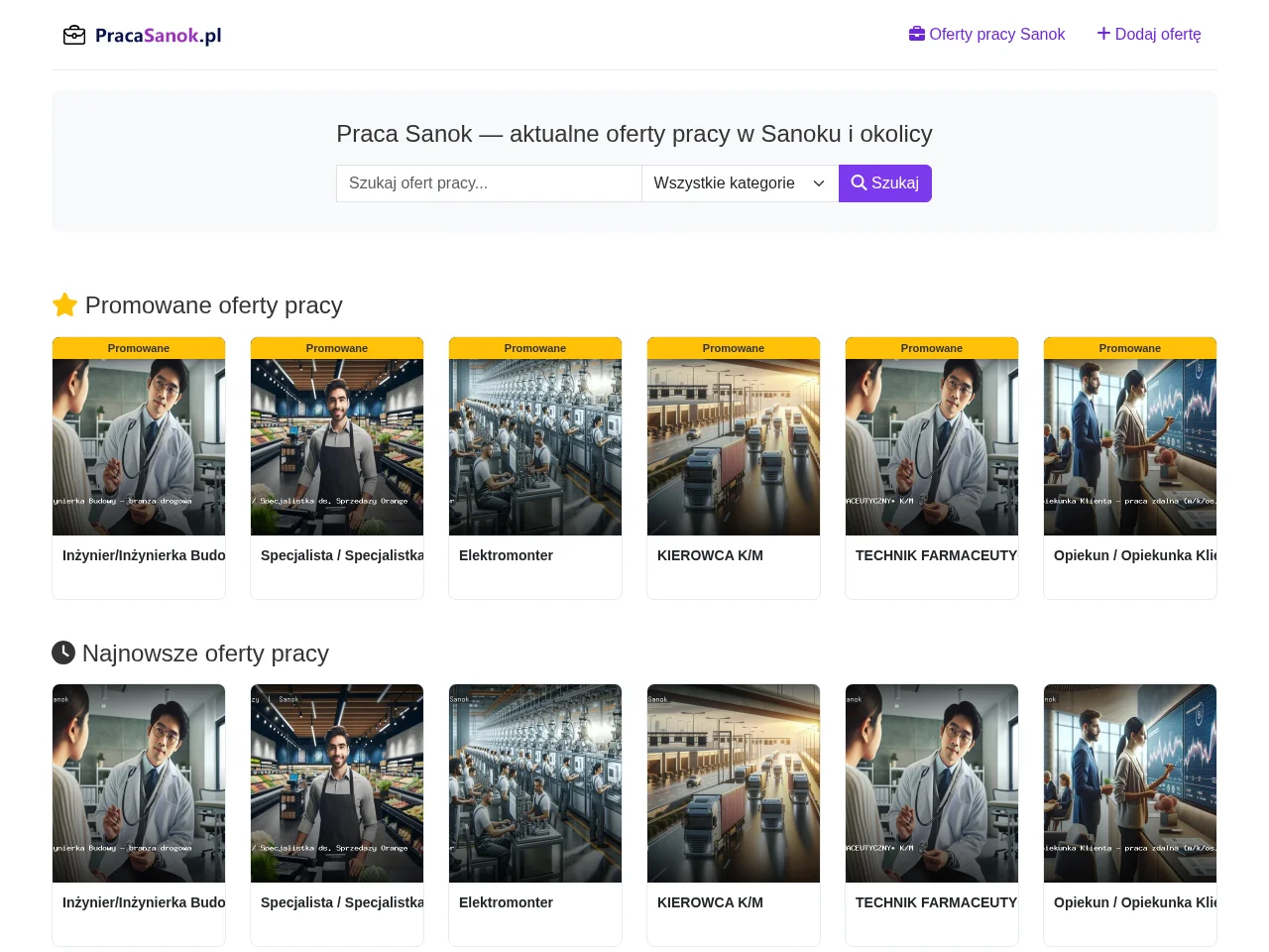 Praca Sanok job board platform screenshot showing job search interface