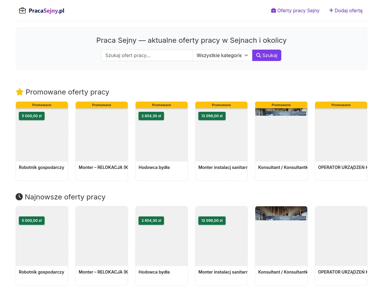 Praca Sejny job board platform screenshot showing job search interface