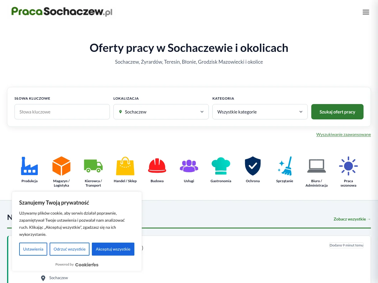 Praca Sochaczew job board platform screenshot showing job search interface