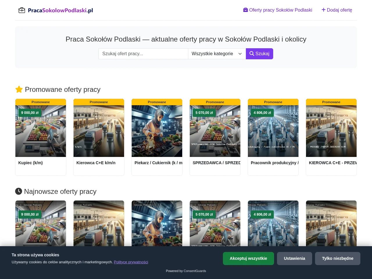 Praca Sokołów Podlaski job board platform screenshot showing job search interface