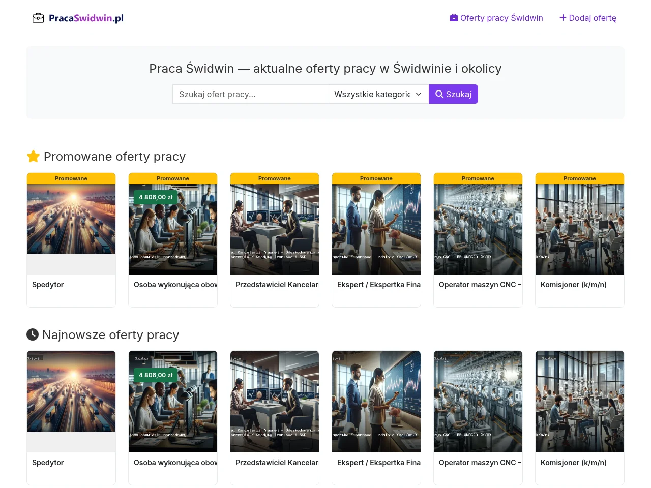 Praca Świdwin job board platform screenshot showing job search interface