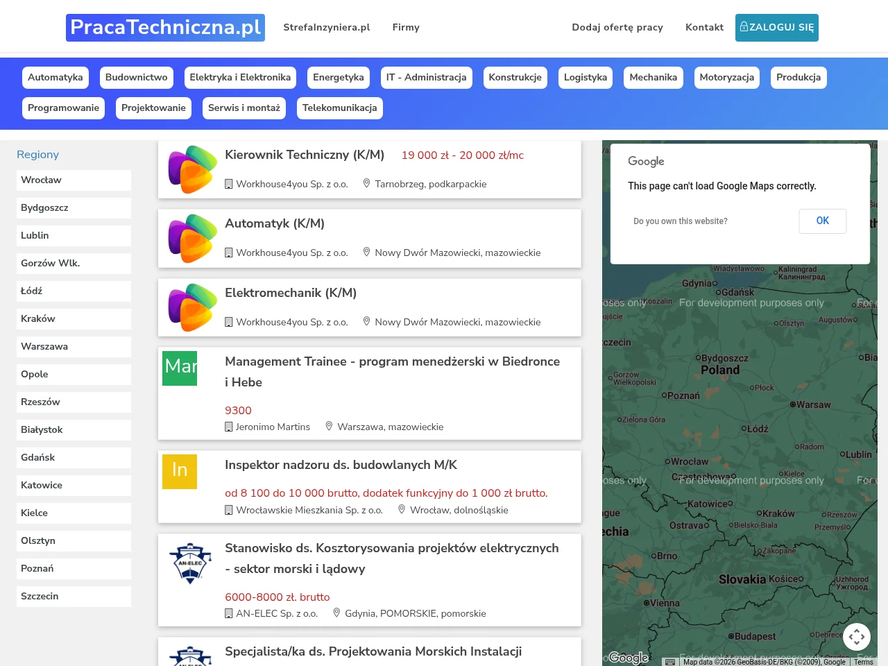 PracaTechniczna.pl job board platform screenshot showing job search interface