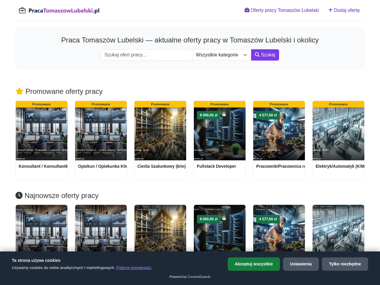 Praca Tomaszów Lubelski job board platform screenshot showing job search interface