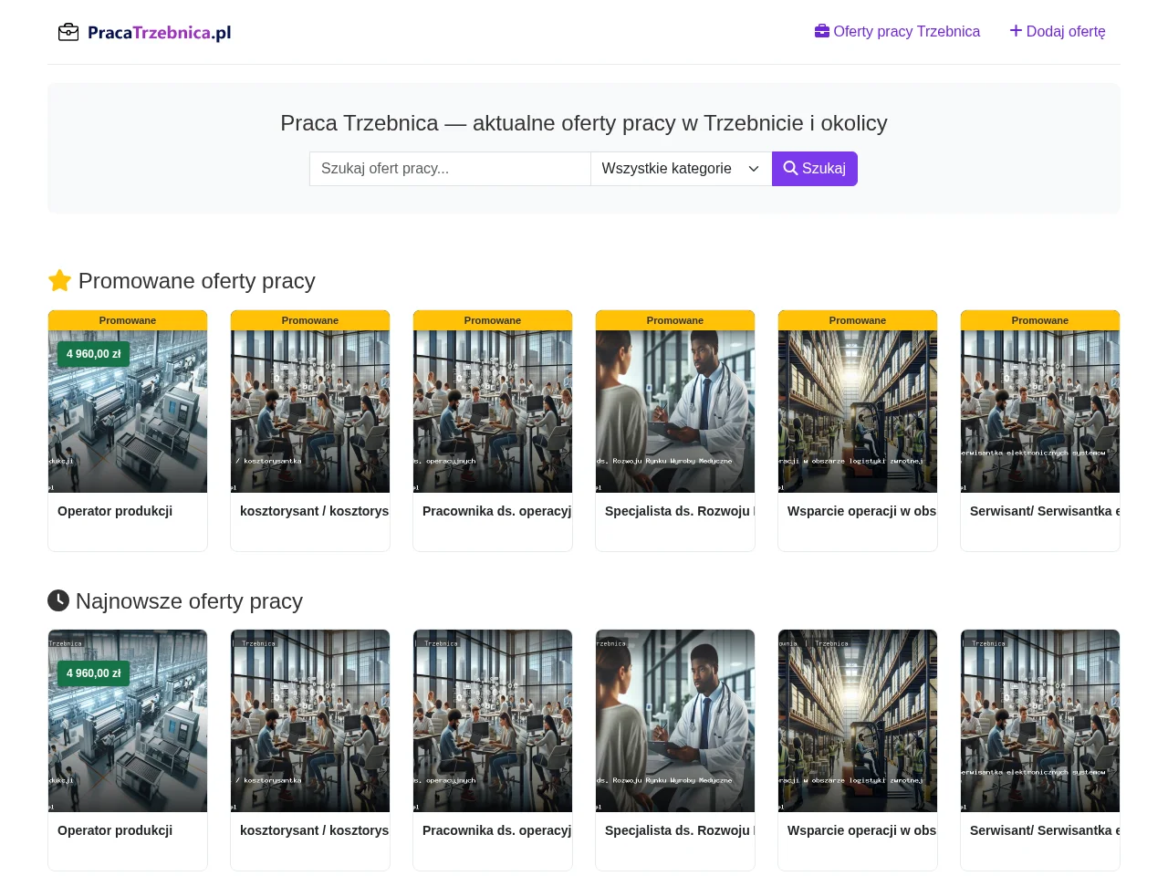 Praca Trzebnica job board platform screenshot showing job search interface