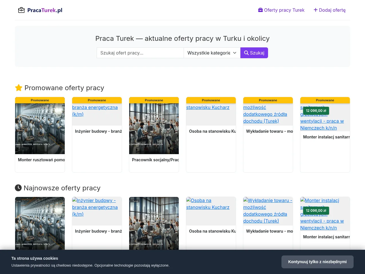 Praca Turek job board platform screenshot showing job search interface