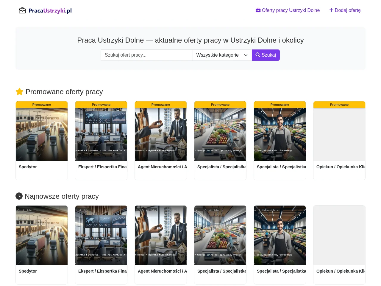 Praca Ustrzyki Dolne job board platform screenshot showing job search interface