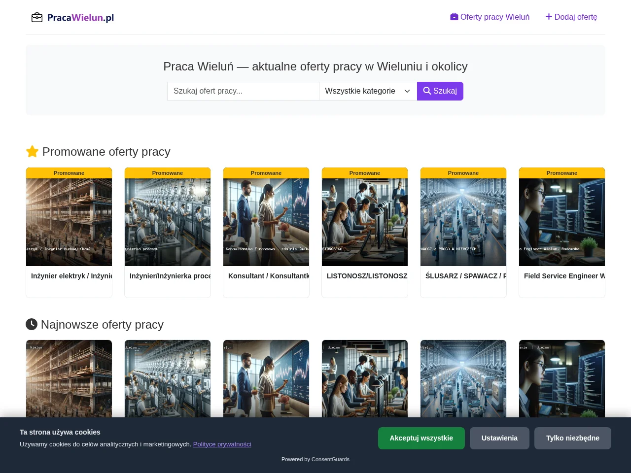 Praca Wieluń job board platform screenshot showing job search interface