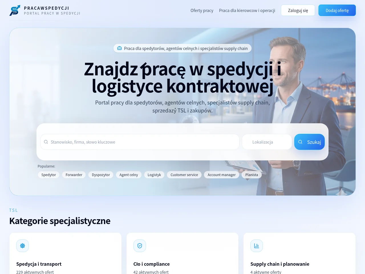 PracaWSpedycji.pl job board platform screenshot showing job search interface