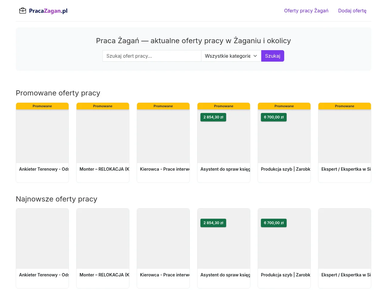 Praca Żagań job board platform screenshot showing job search interface