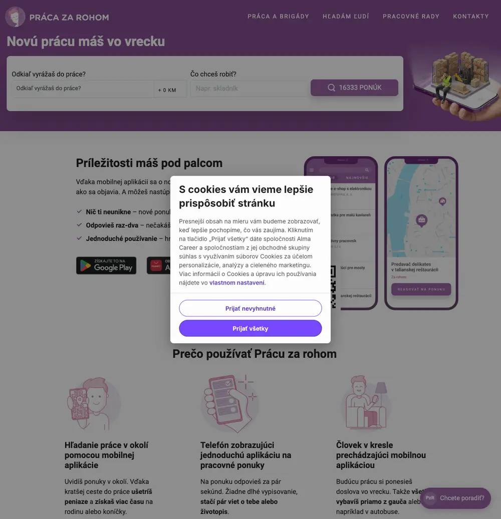 Práca za rohom job board platform screenshot showing job search interface