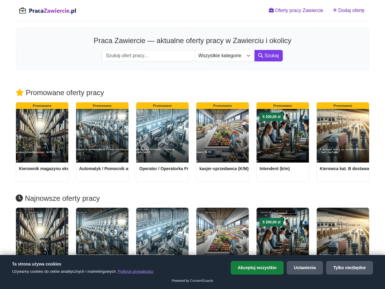 Praca Zawiercie job board platform screenshot showing job search interface