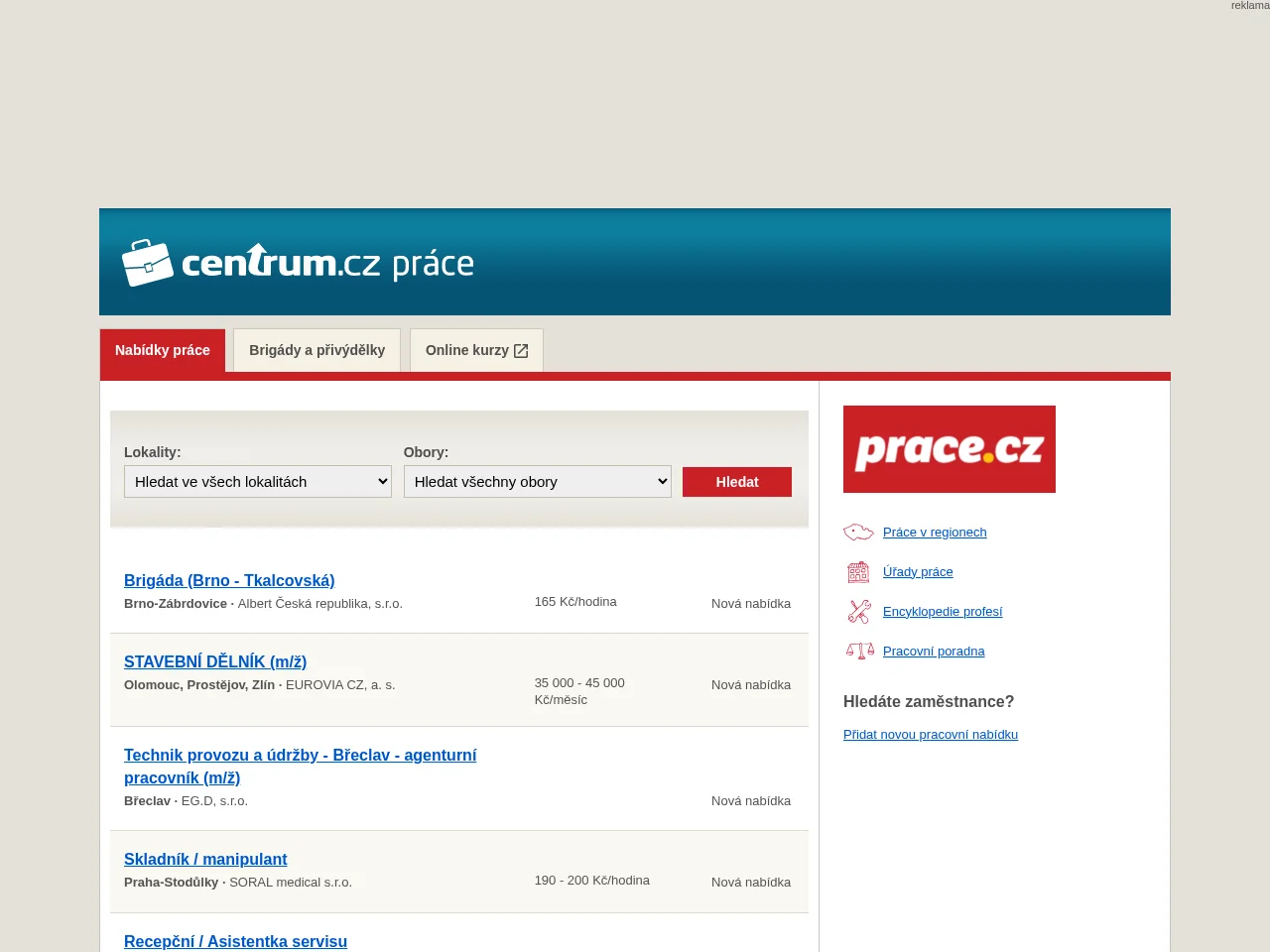 Práce.cz job board platform screenshot showing job search interface