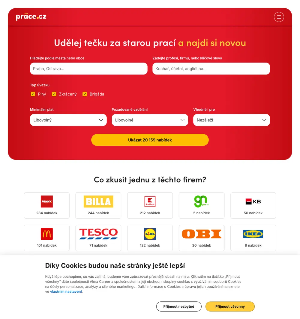 Prace.cz job board platform screenshot showing job search interface