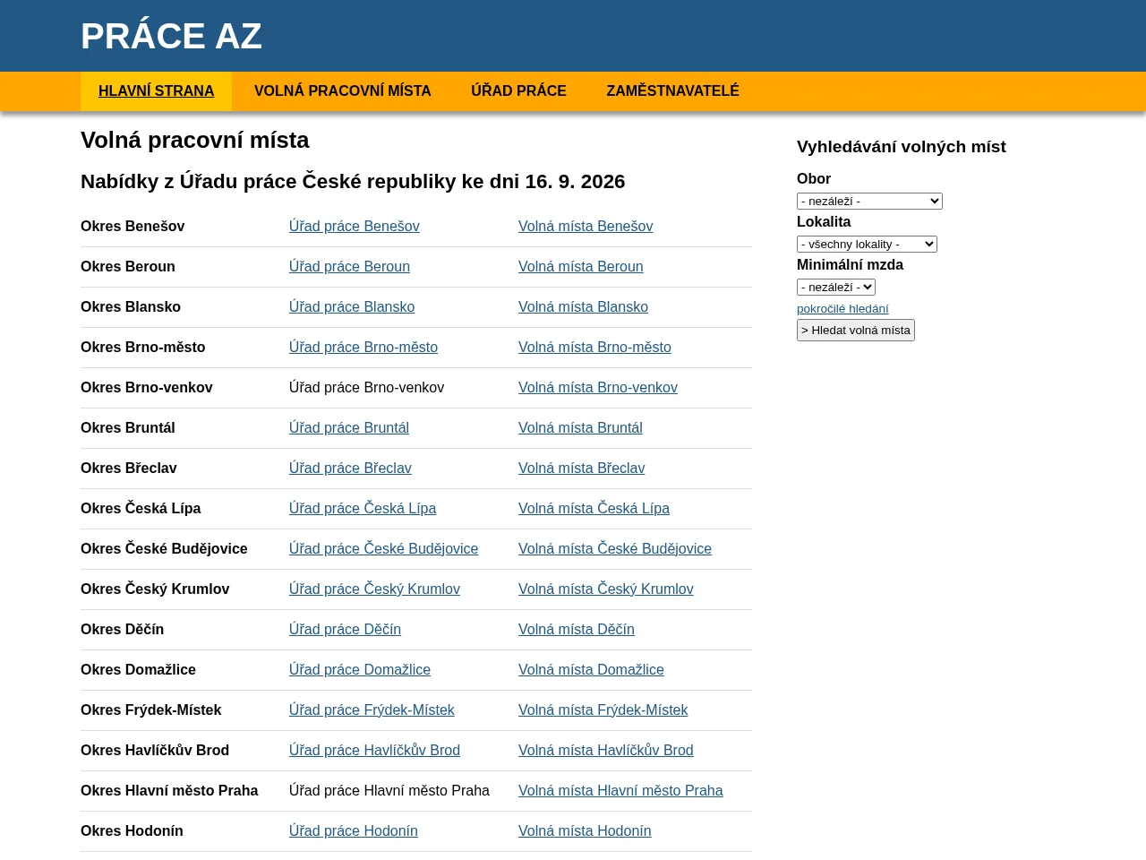 Práce AZ job board platform screenshot showing job search interface
