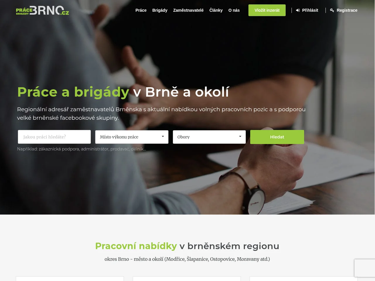 Práce Brigády BRNO.cz job board platform screenshot showing job search interface