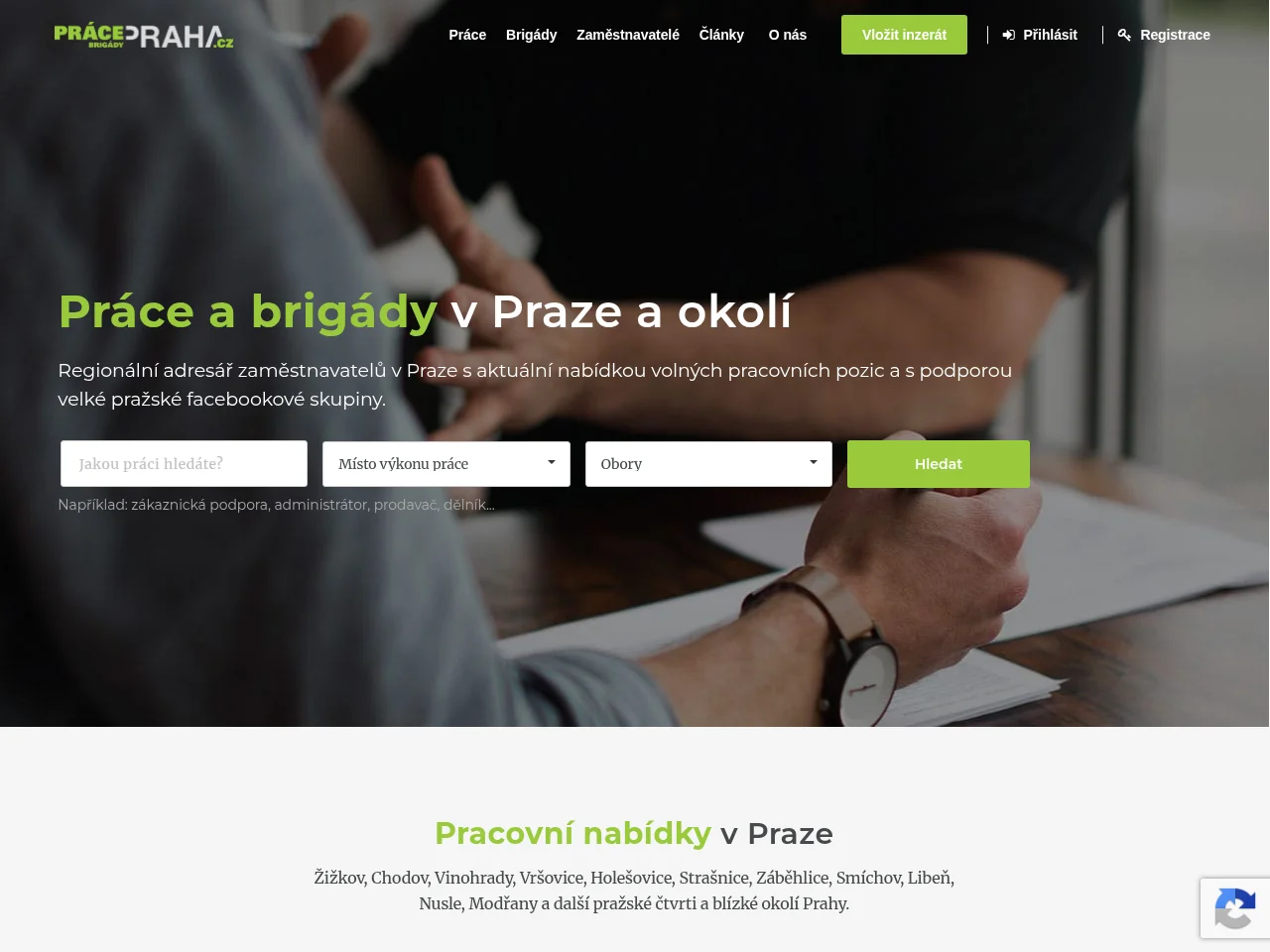 Práce Brigády PRAHA.cz job board platform screenshot showing job search interface