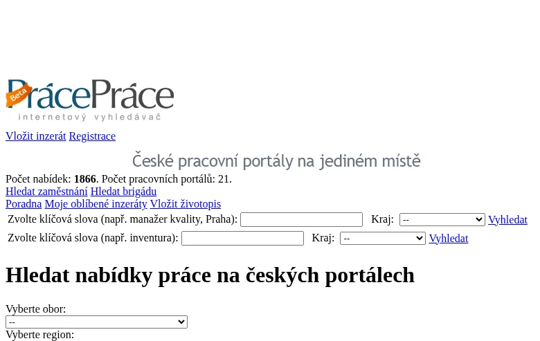 Práce-Práce.cz job board platform screenshot showing job search interface