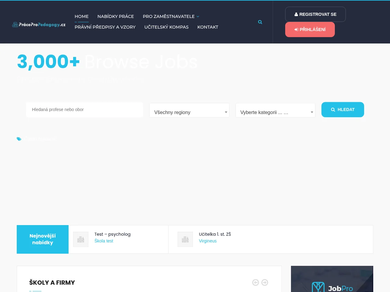 PráceProPedagogy.cz job board platform screenshot showing job search interface