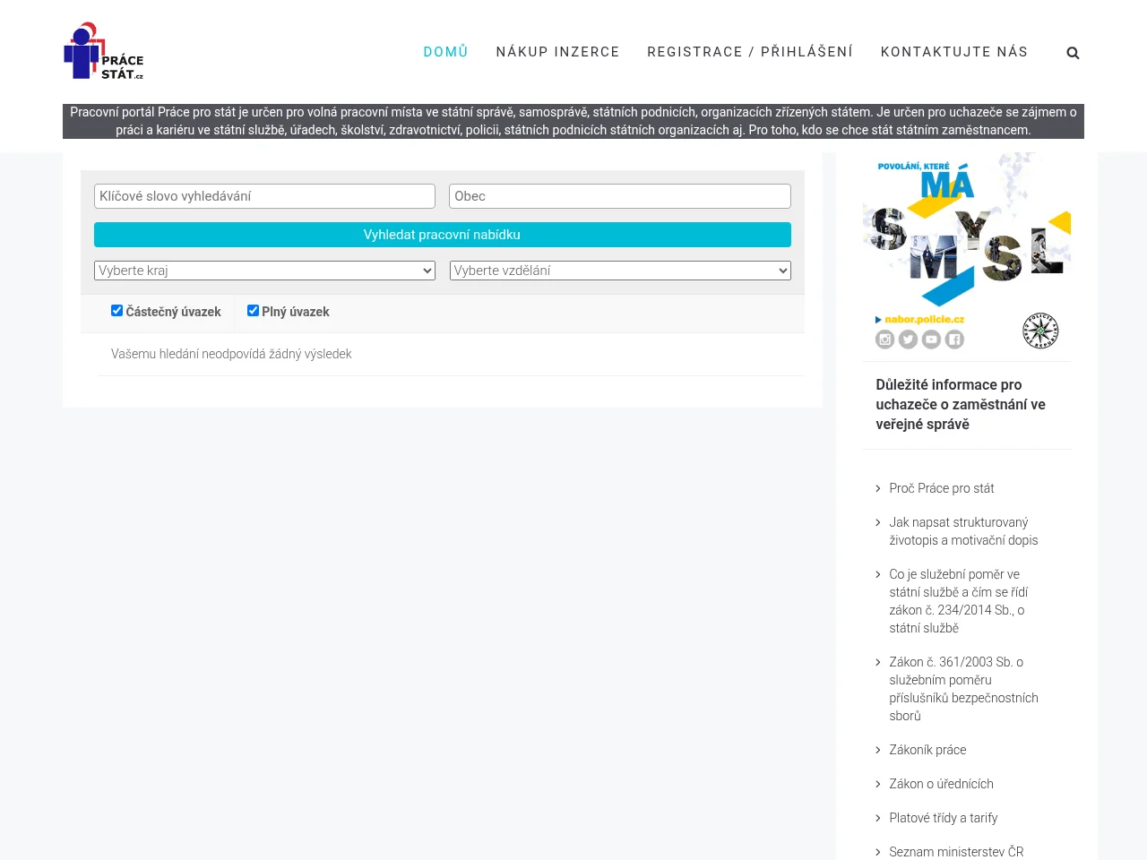 Pracestat.cz job board platform screenshot showing job search interface