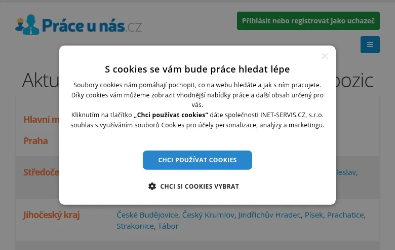 Práce u nás job board platform screenshot showing job search interface