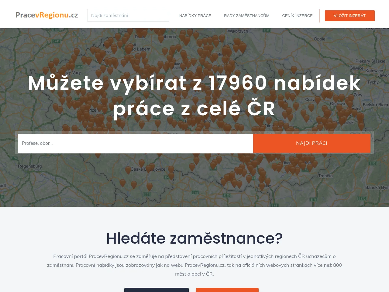 PracevRegionu.cz job board platform screenshot showing job search interface