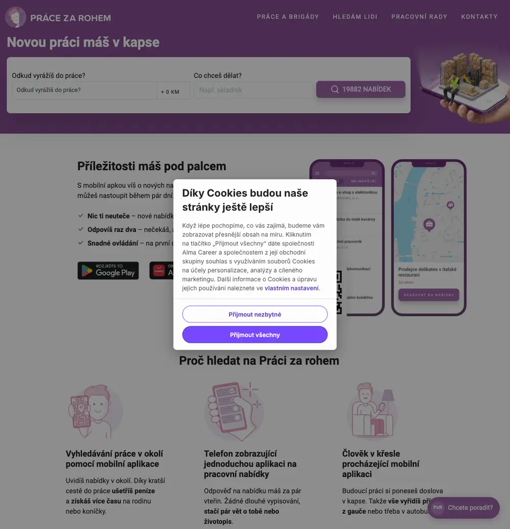 Práce za rohem job board platform screenshot showing job search interface
