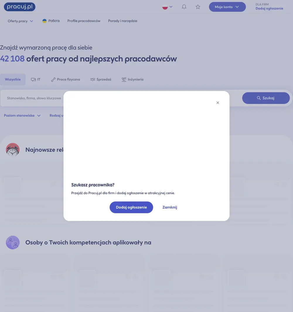 Pracuj.pl job board platform screenshot showing job search interface