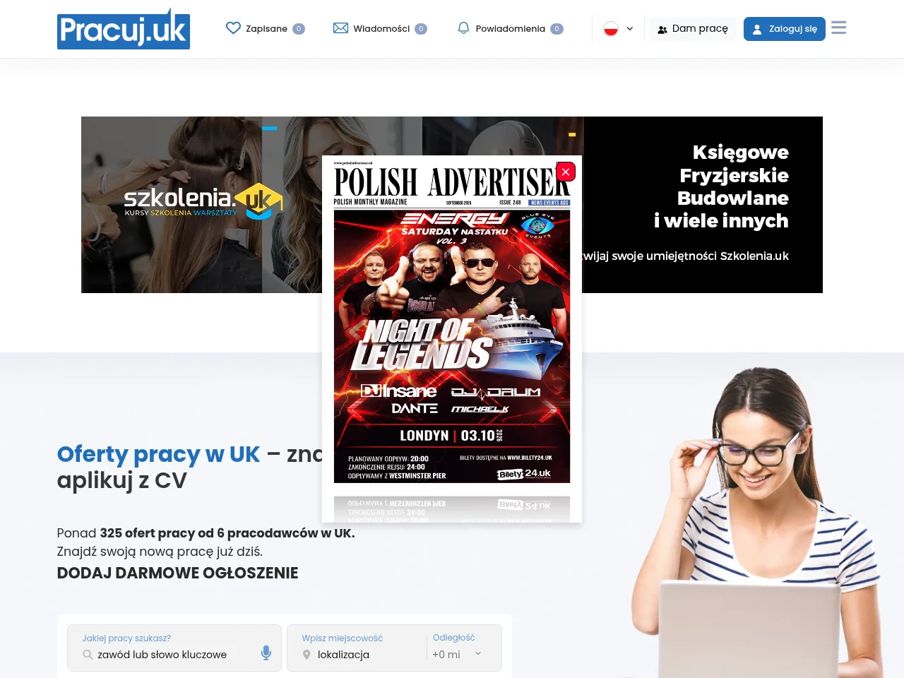 Pracuj.uk job board platform screenshot showing job search interface