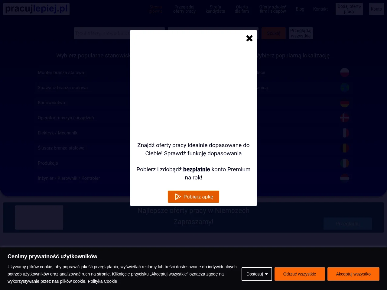 Pracujlepiej job board platform screenshot showing job search interface