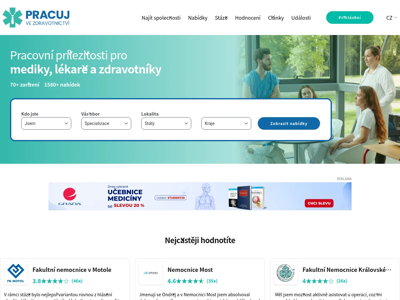 Pracuj ve zdravotnictví job board platform screenshot showing job search interface