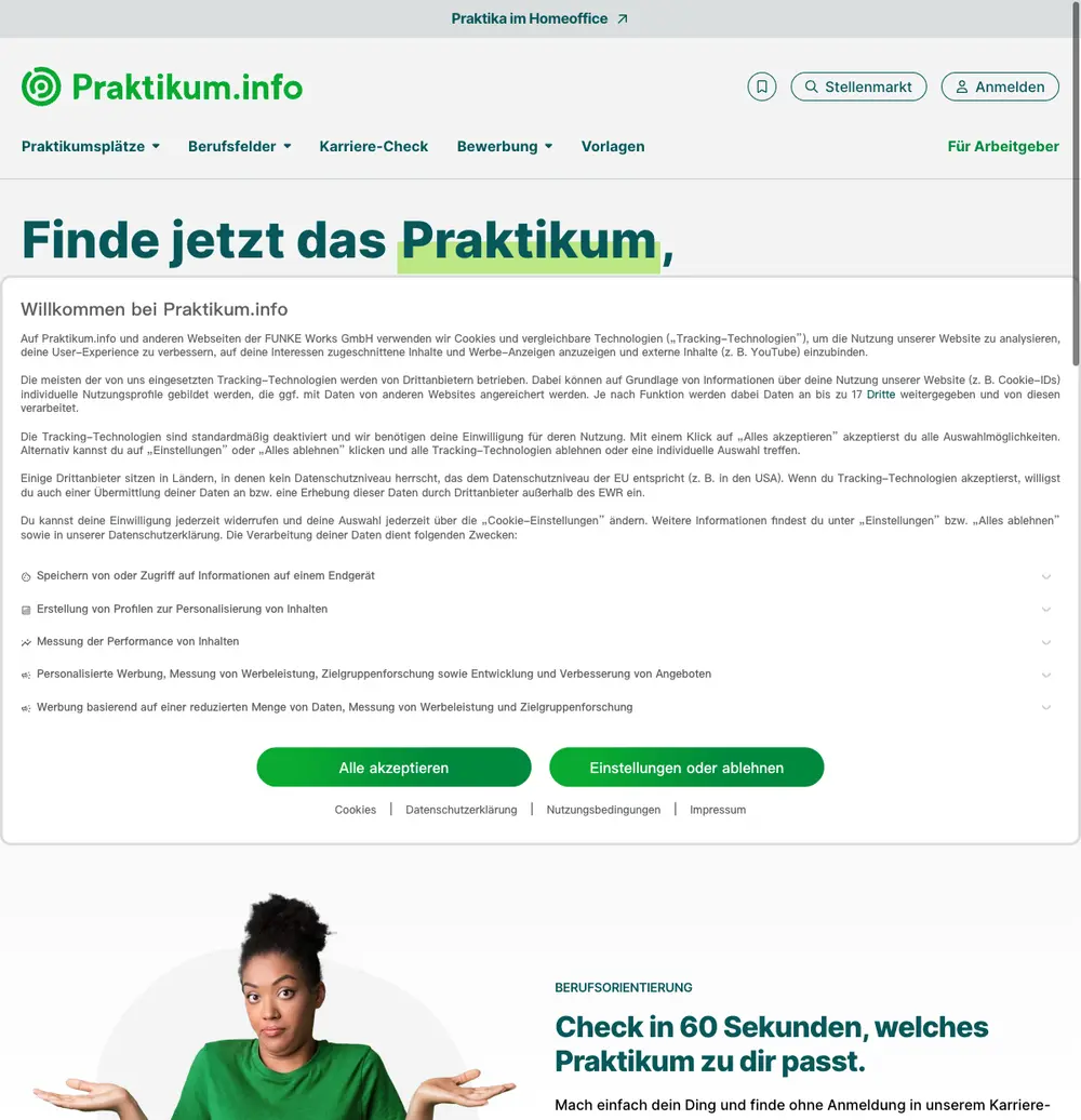 Praktikum.info job board platform screenshot showing job search interface