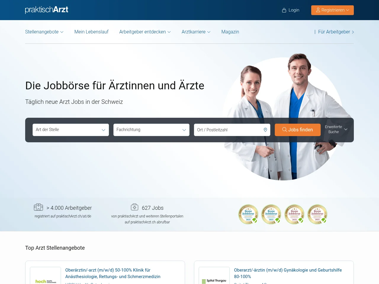 praktischArzt.ch job board platform screenshot showing job search interface