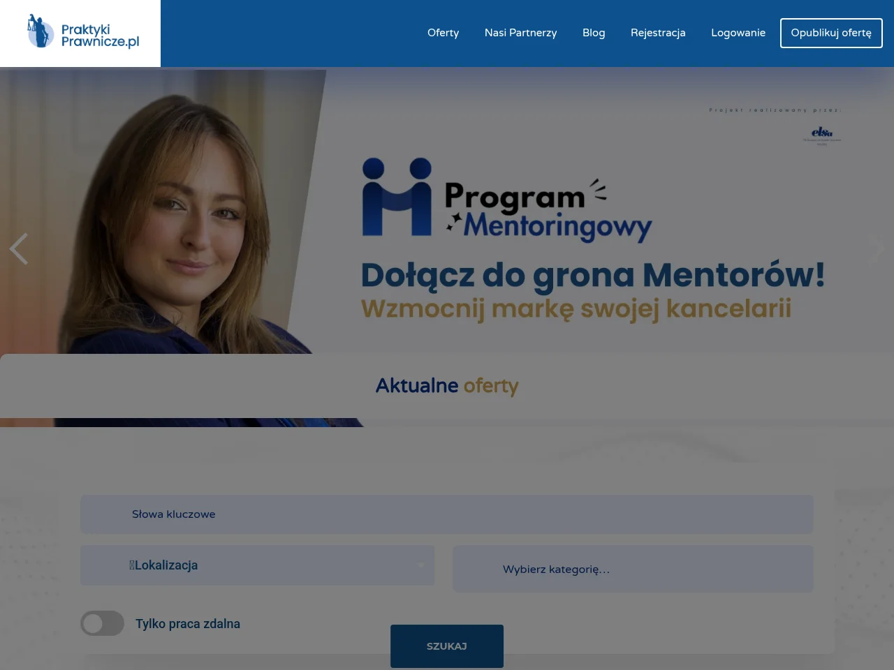 PraktykiPrawnicze.pl job board platform screenshot showing job search interface