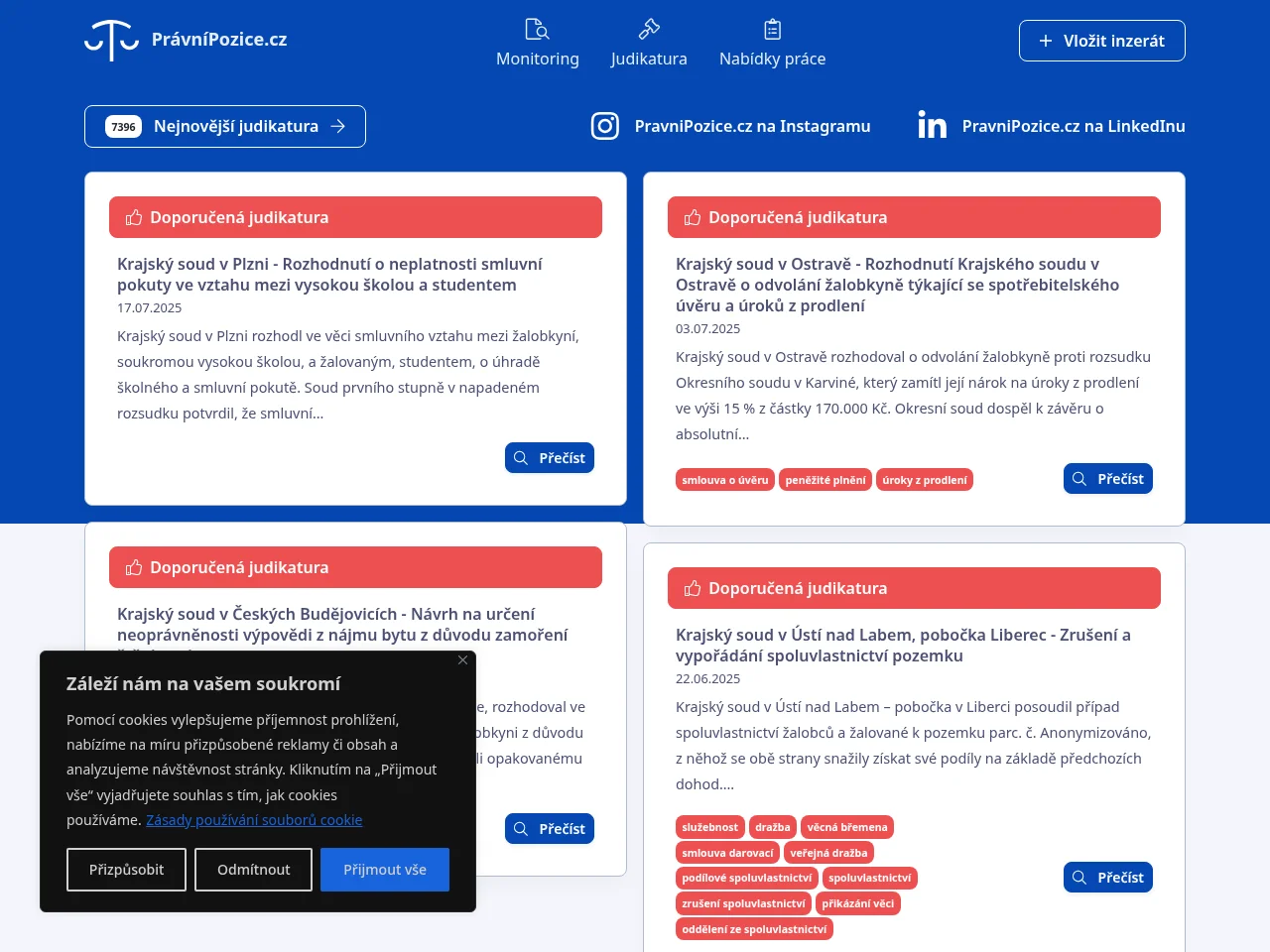 PrávníPozice.cz job board platform screenshot showing job search interface