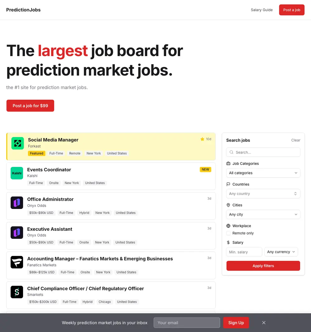 PredictionJobs job board platform screenshot showing job search interface