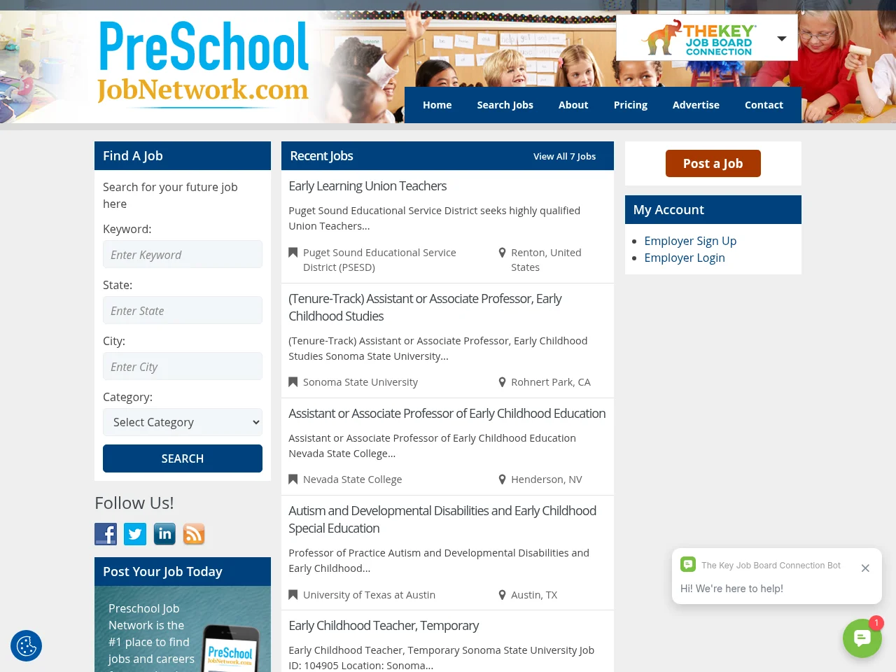 Preschool Job Network job board platform screenshot showing job search interface