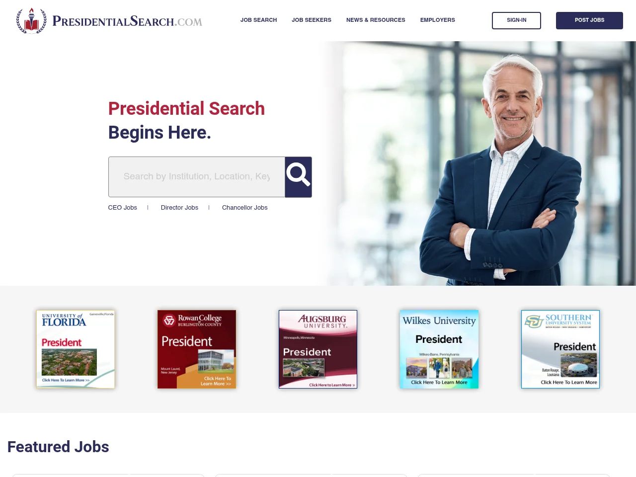PresidentialSearch.com job board platform screenshot showing job search interface