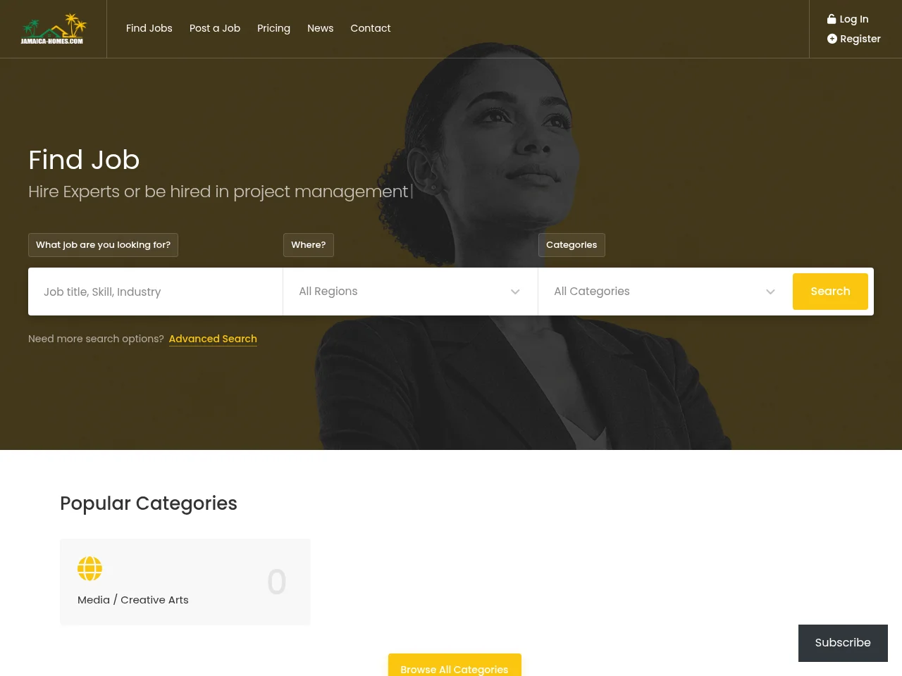 Jamaica Homes Jobs job board platform screenshot showing job search interface