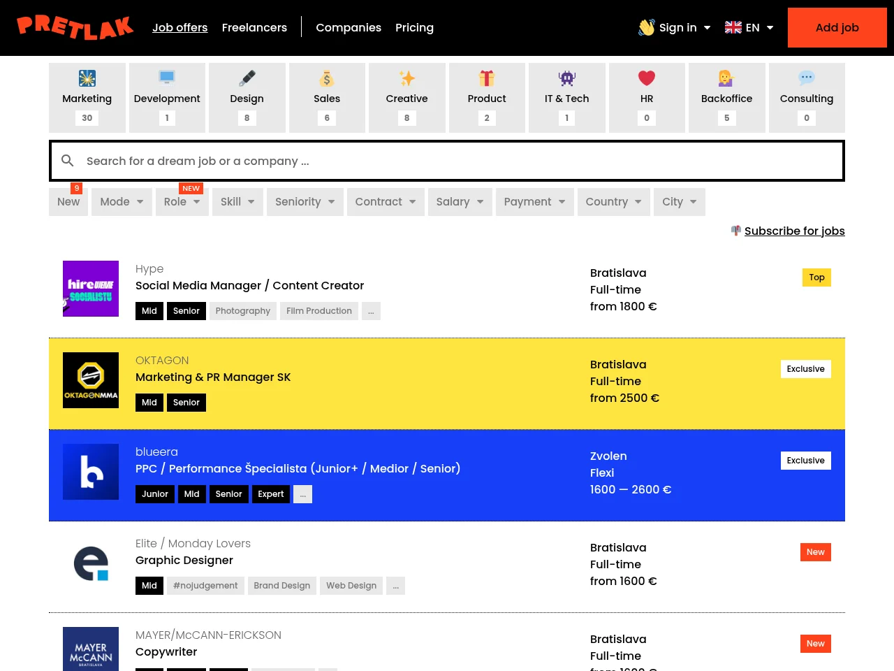 Pretlak screenshot Pretlak job board platform screenshot showing job search interface