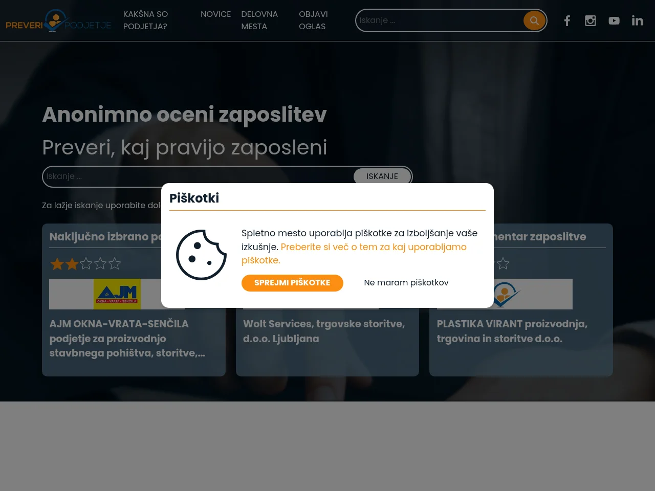 Preveri podjetje job board platform screenshot showing job search interface