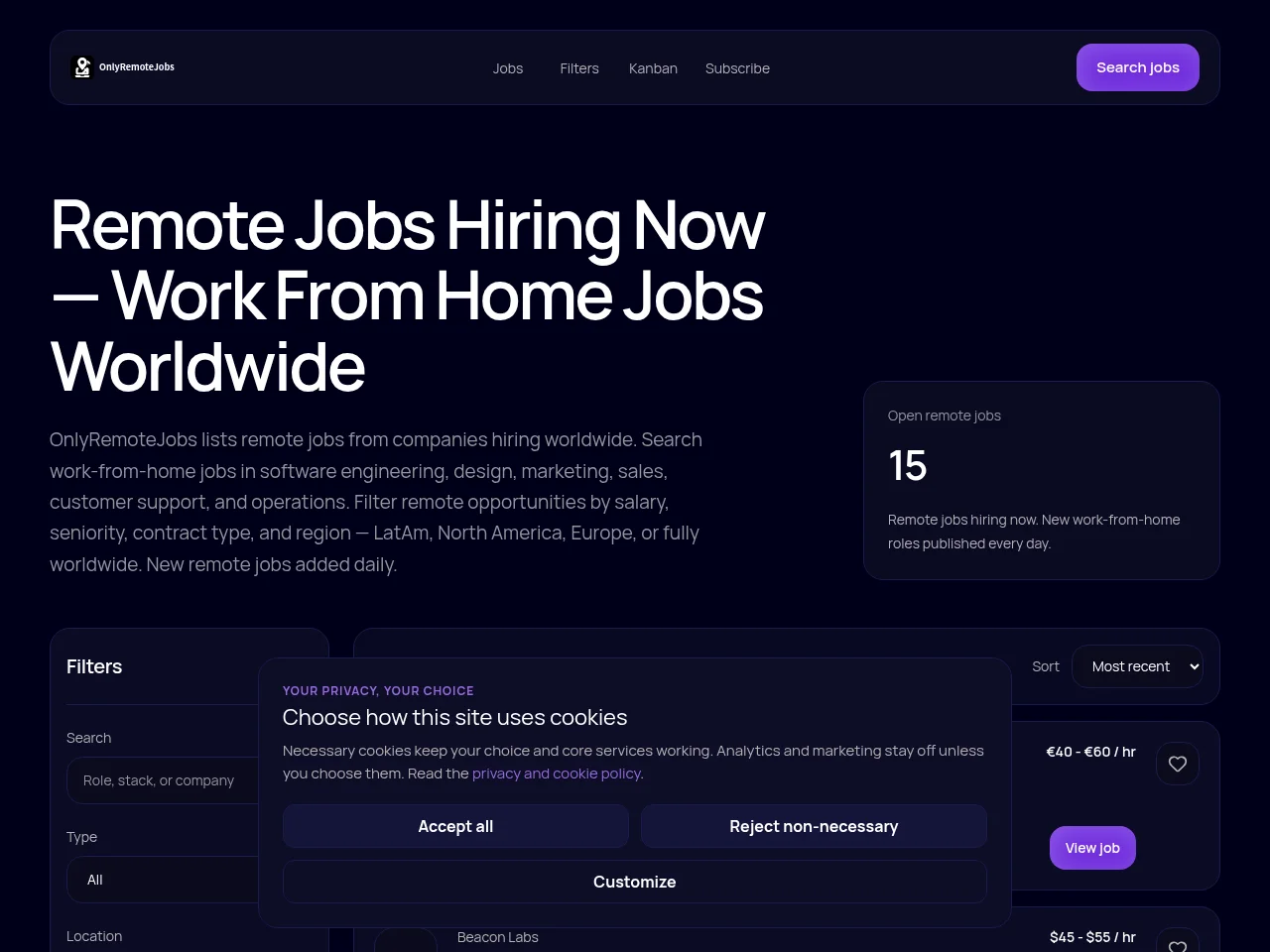 OnlyRemoteJobs job board platform screenshot showing job search interface