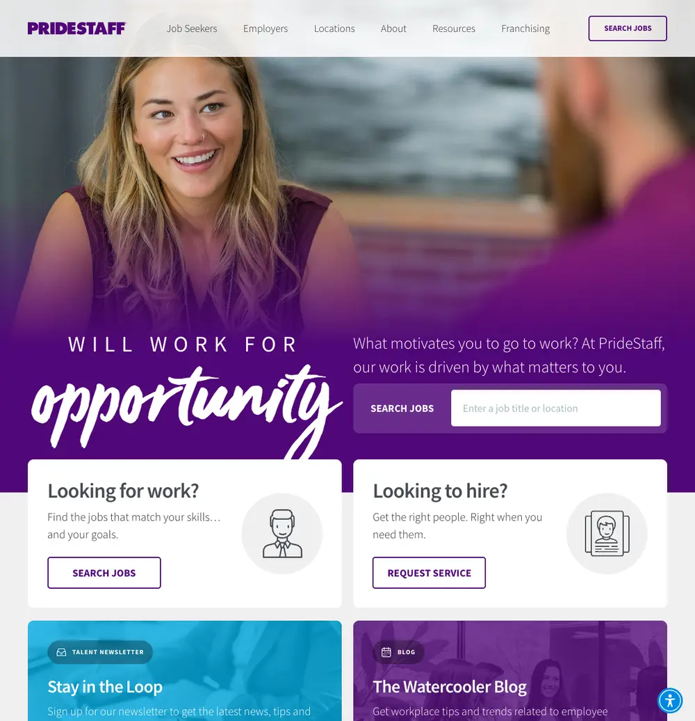 PrideStaff job board platform screenshot showing job search interface