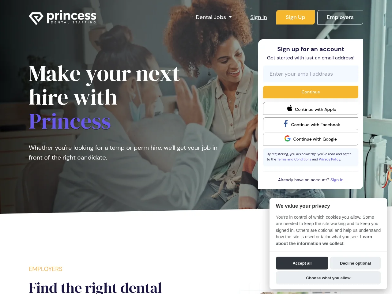 Princess Dental Staffing job board platform screenshot showing job search interface