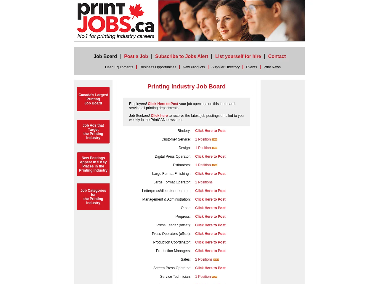 Print Jobs Canada job board platform screenshot showing job search interface