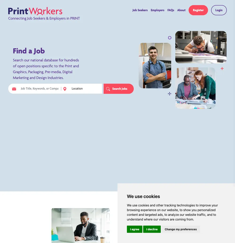 PrintWorkers job board platform screenshot showing job search interface