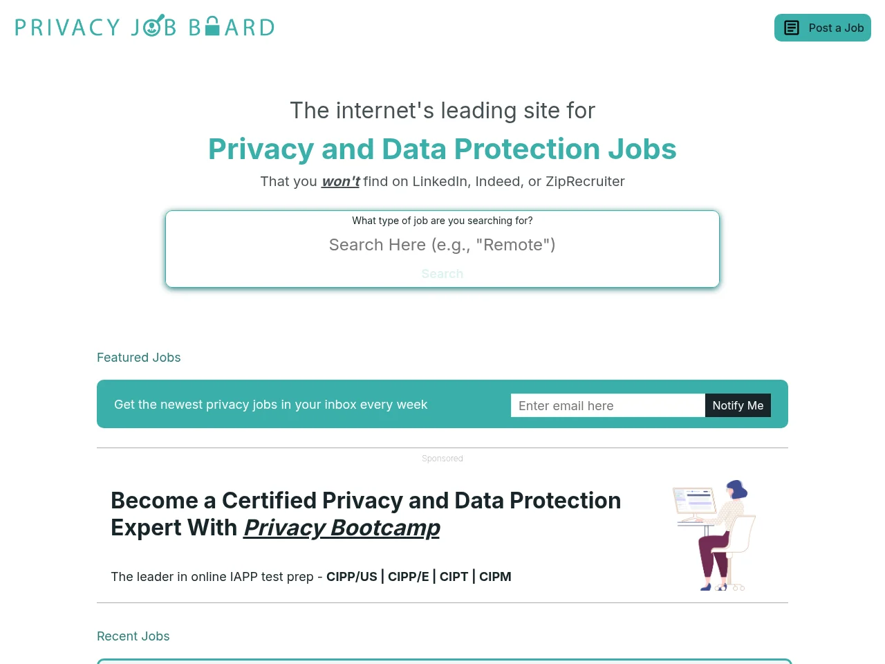 Privacy Job Board screenshot Privacy Job Board job board platform screenshot showing job search interface