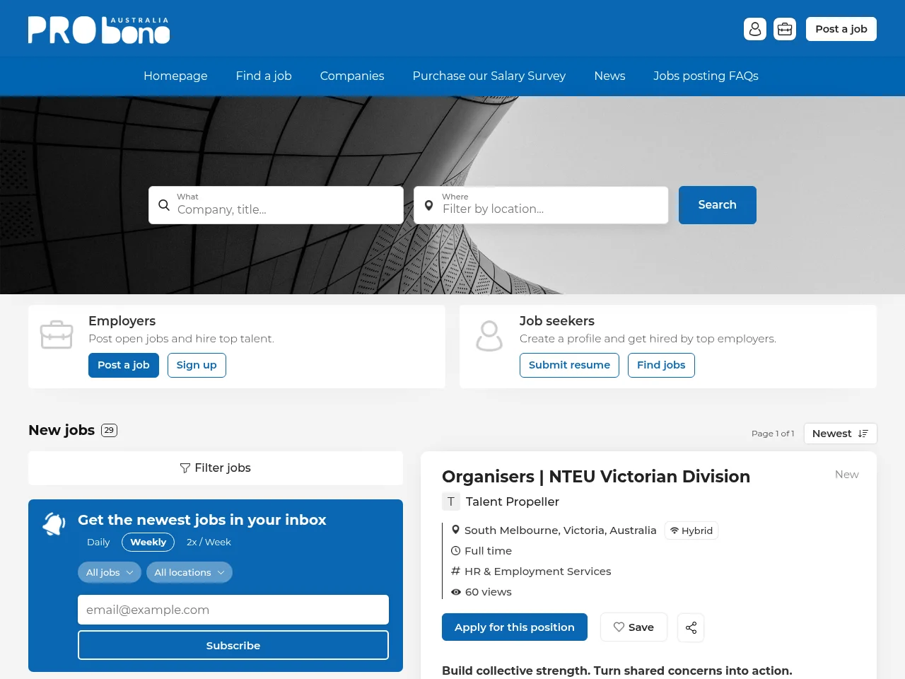 Pro Bono Australia screenshot Pro Bono Australia job board platform screenshot showing job search interface
