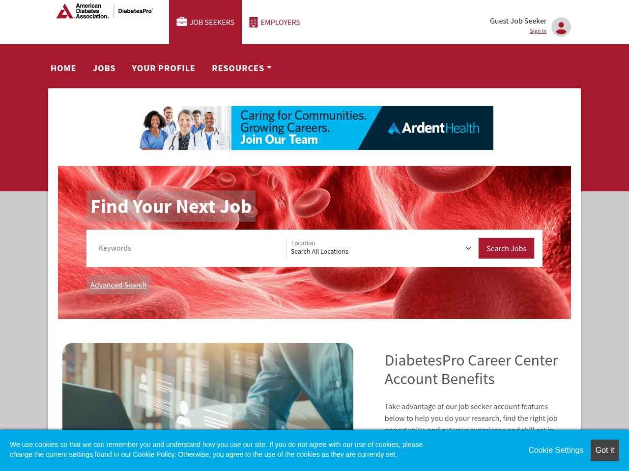 DiabetesPro Career Center job board platform screenshot showing job search interface