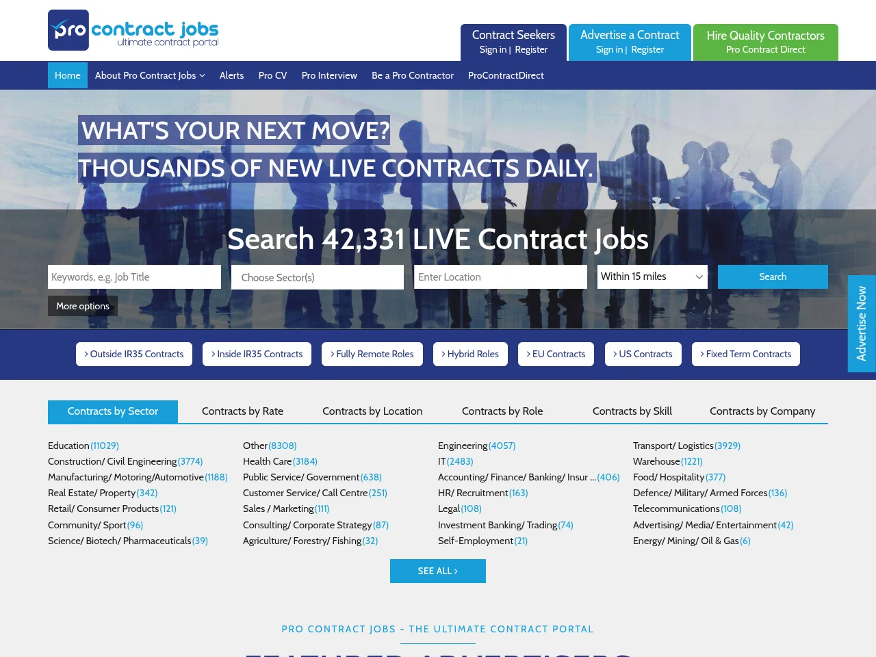Pro Contract Jobs job board platform screenshot showing job search interface